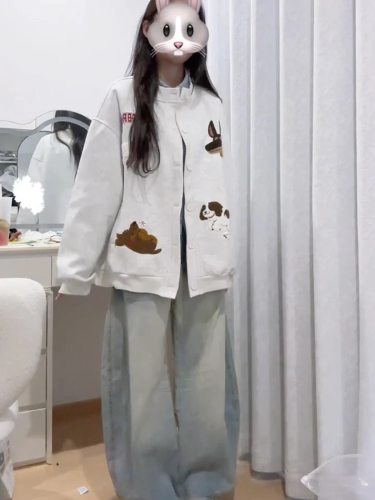 Koreaanse Lazy Sle Leuke Cartoon Hond Borduren Sweatshirt Jaet Dames Lente Herfst Losse Casual Paar Open Vest Top