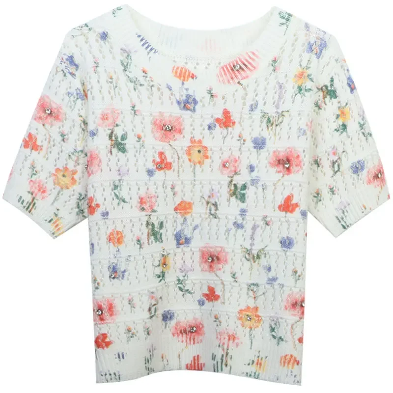 

2024 Thin Summer Shirt Women Floral Print Colors Round Neck Short Sleeve Knitted T-Shirt Ladies Tee Runway Tops