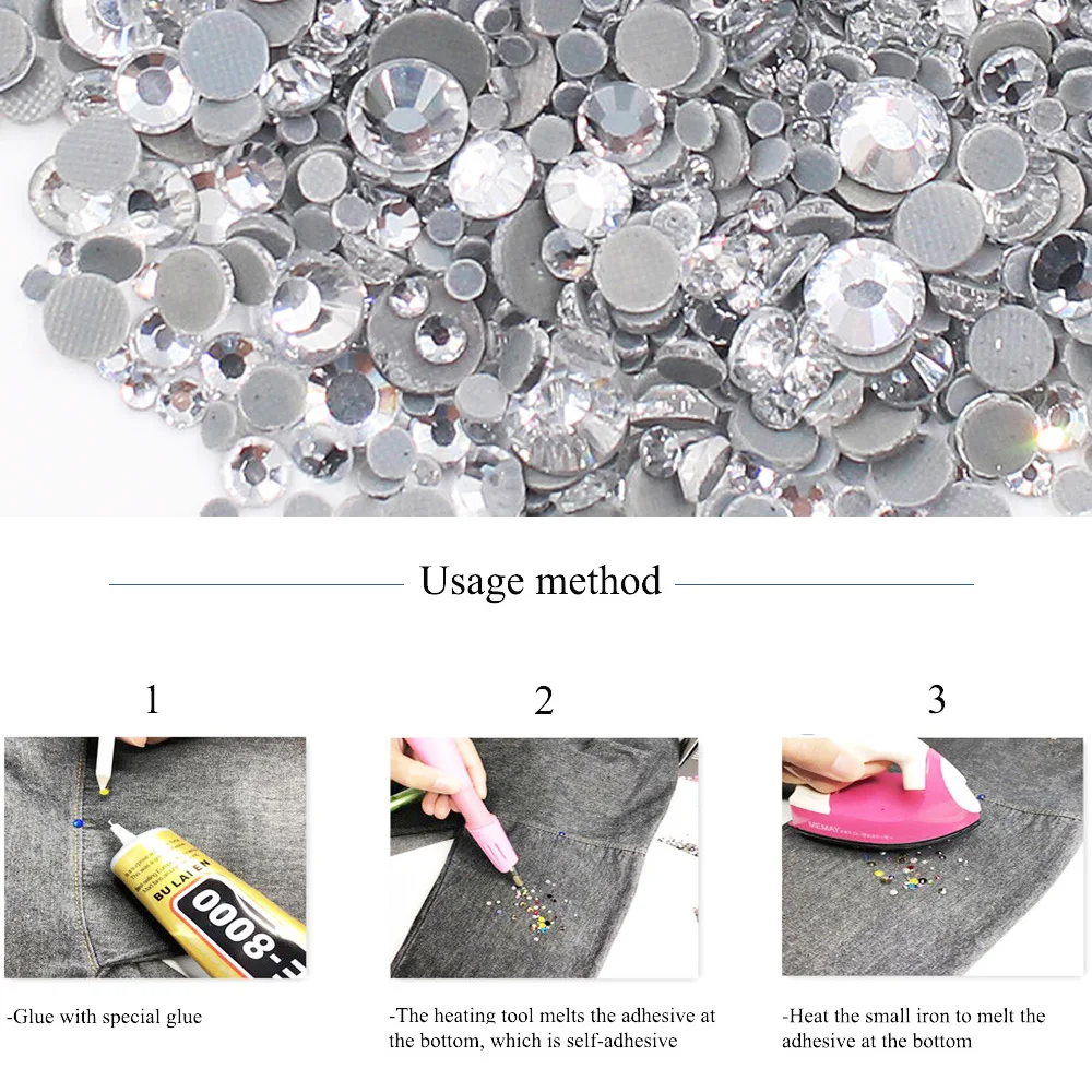 Mix Size Rhinestones for Clothes Gems, Round Flatback Crystals, Strass Trim Crafts Stones, DIY Glue On Hotfix Rhinestones