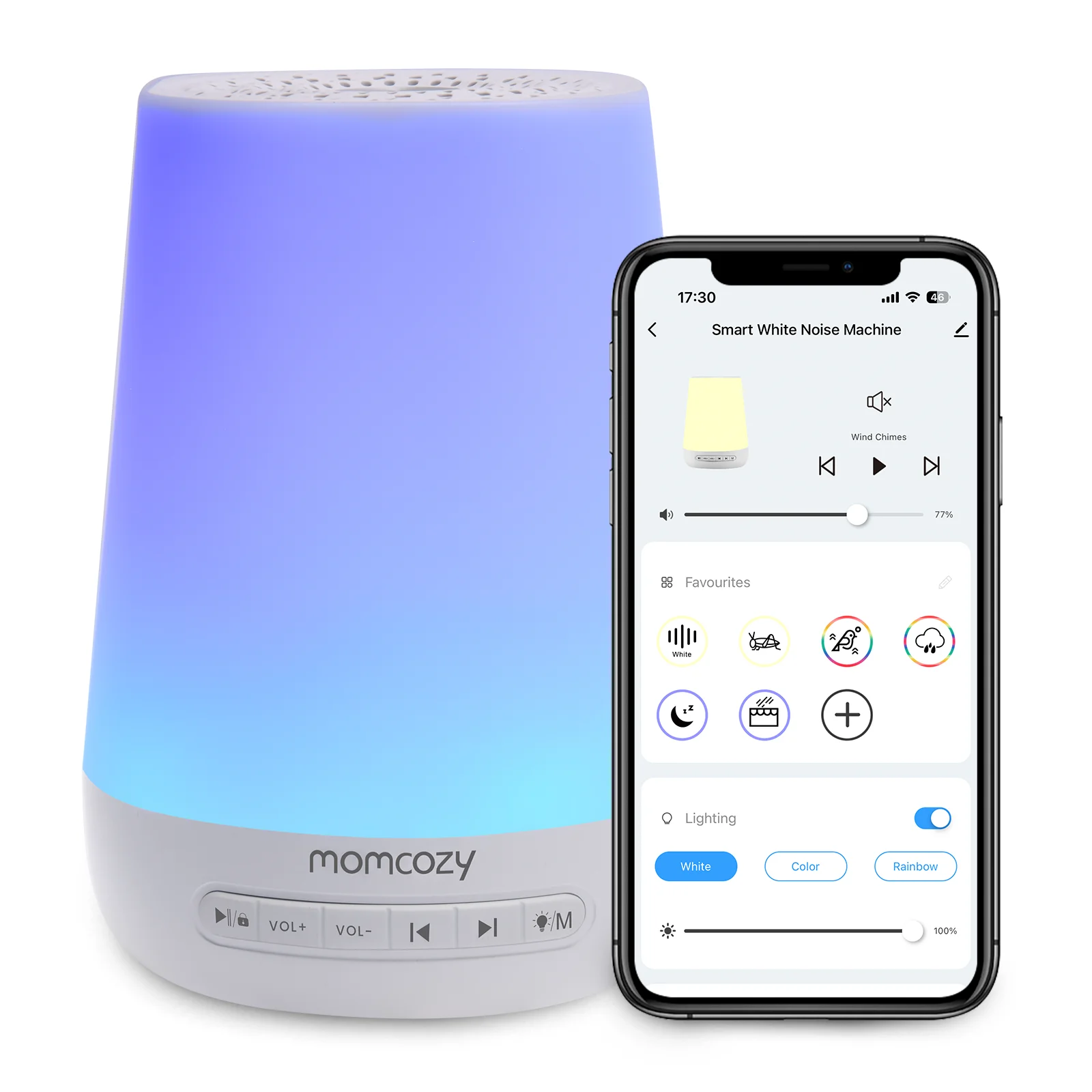아기 수면을 위한 Momcozy 백색 소음 음향 기계, 야간 조명, 34가지 진정 소리, 타이머, 앱 원격 제어, 알람 시계