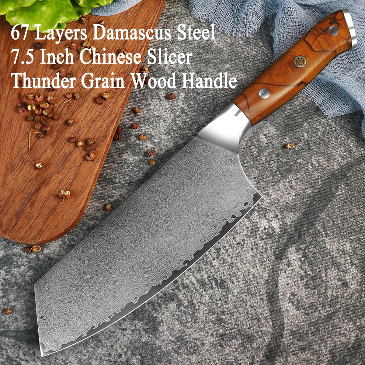 

New 7.5 inch Damascus Steel 10Cr15CoMoV Core Thunderbolt Wood Handle Chef Cutting Vegetable and Meat Slice EDC Tool