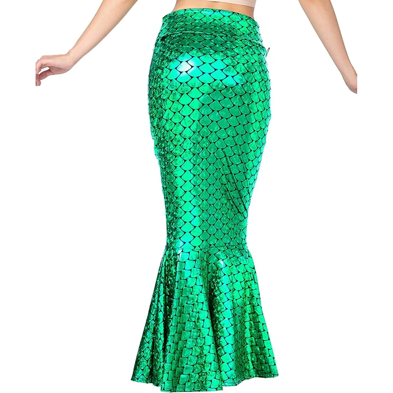 Qianderer Women Mermaid Tail Costume Princess Sequin Ruffle Sequin Long Tail Maxi Skirt for Halloween Cosplay Fancy Dress