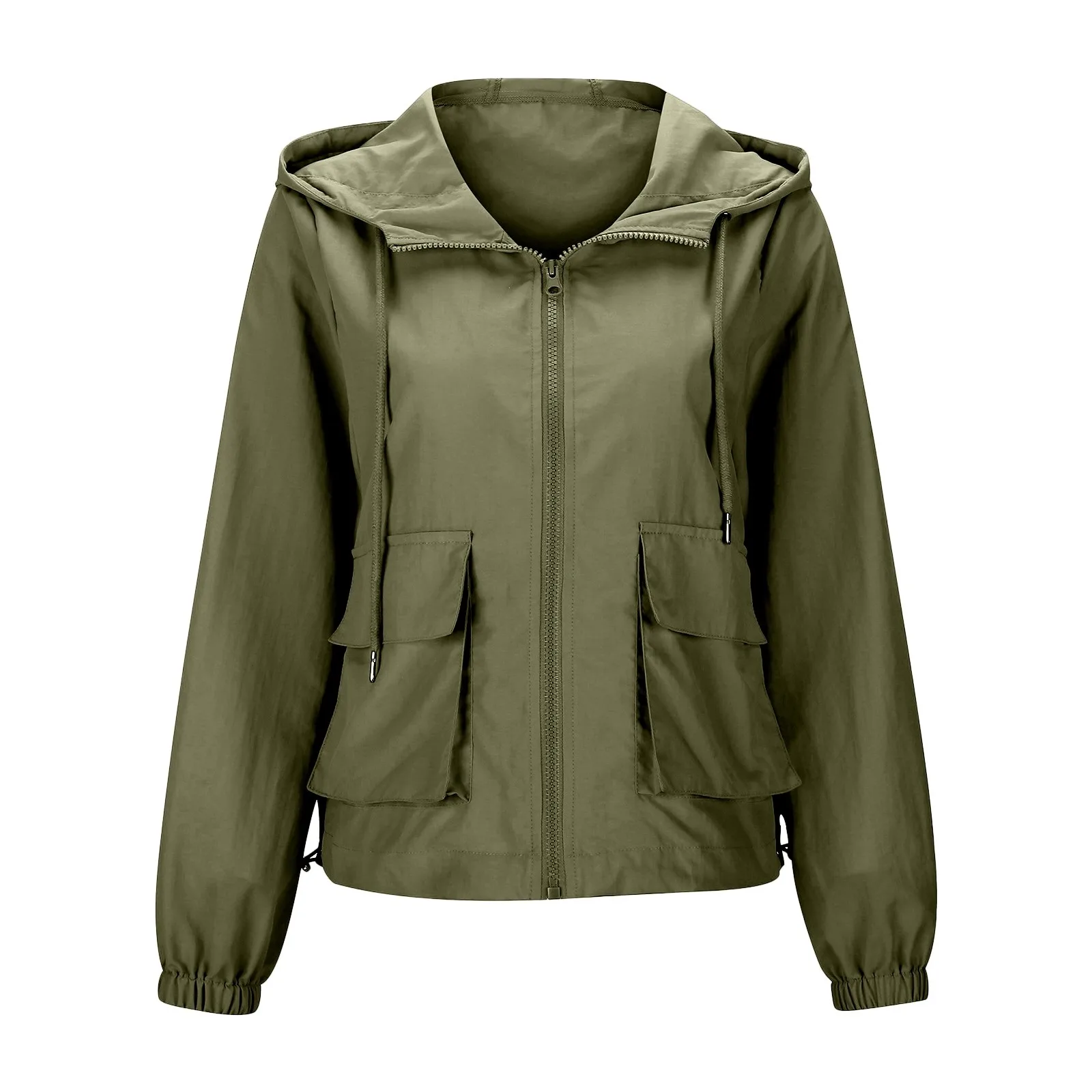 

Women's Solid Color Casual Jacket Fall Simple Windbreak Tops Drawstring Hooded Long-Sleeved Zipper Coats Outdoor Sports Wear