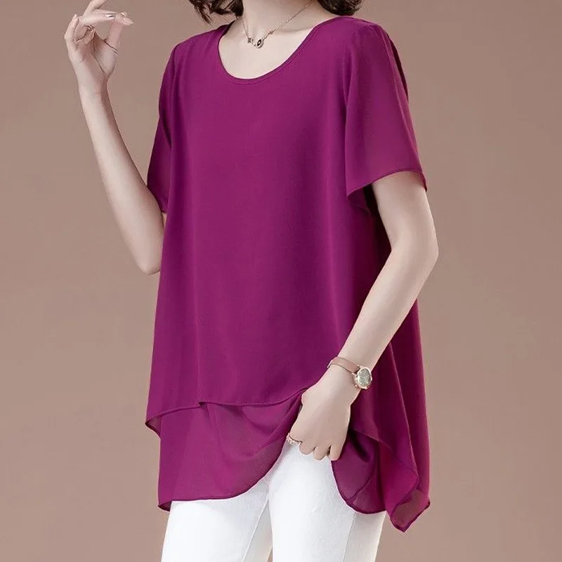 Summer New Chiffon Thin Irregular Shirt Tops Short Sleeve Solid Color Loose Temperament Blouse Fashion Elegant Women Clothing