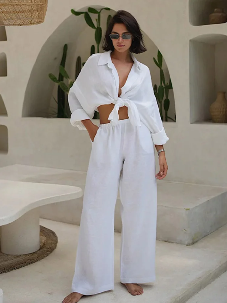 

Elegant Women Fashion Lapel Pants Set Chic Loose Lapel Long Sleeve Single Breasted Shirt Suit 2025 Summer Lady High Streetwear