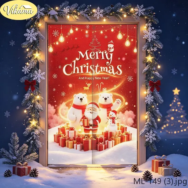 VIKAMA “Merry Christmas” Half-Length Curtain, Cute Fabric Curtain with Santa Claus Design, Christmas and New Year Home Decor