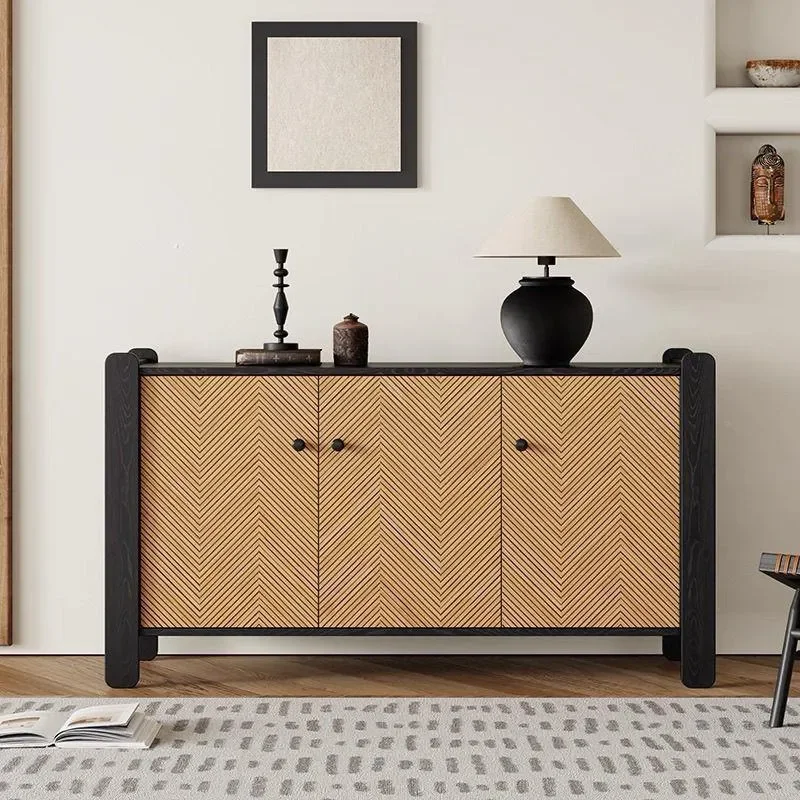 Retro Solid Wood Sideboard French Medieval Bamboo Art Storage Cabinet for Foyer Porch Bedroom Landing Area