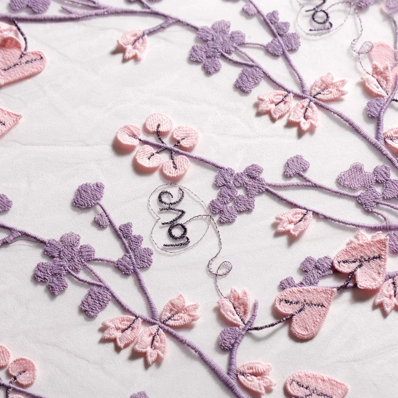 High quality Mesh pink love letter pattern embroidery thin lace fabric soft yarn cheongsam dress fabric 100*125cm