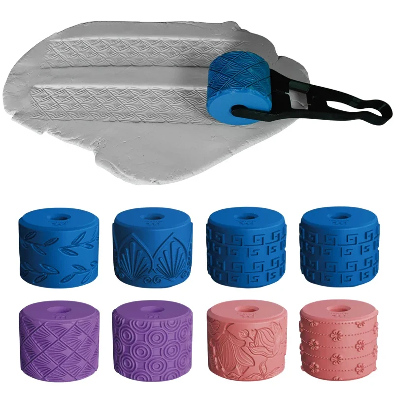 الطين ختم الأسطوانة أنماط زهرة هندسية الإغاثة المتداول أداة السيراميك الطين الملمس عجلة الطين قوالب DIY بها بنفسك أدوات الطين ديكور فني #3