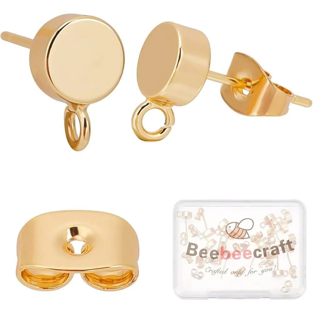 20Pcs 18K Gold Plated Stud Earrings 925 Sterling Silver Pins Small Flat Round Earring Posts with Loop and Butterfly Earring