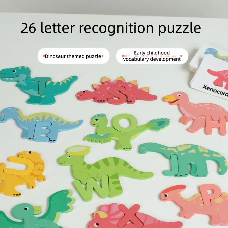 木製の創造的な恐竜の26文字、幼児教育パズルおもちゃ、啓蒙学習ゲーム、子供の教育