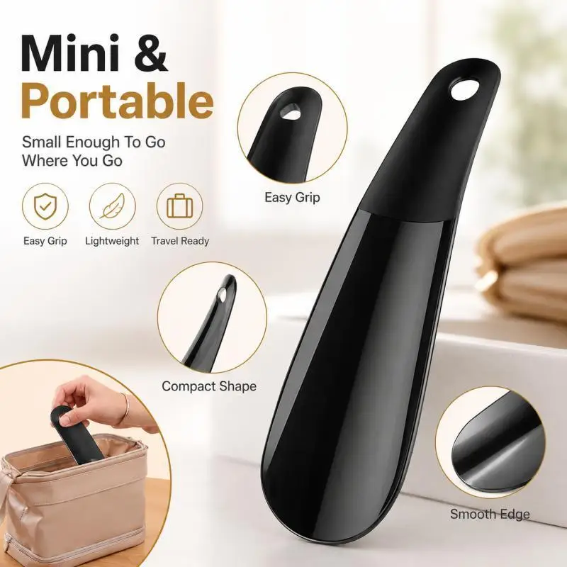 Set of 5 Mini Shoe Horns - Portable 16cm Black Pullers for Easy On Wear at Home, Work, or Travel