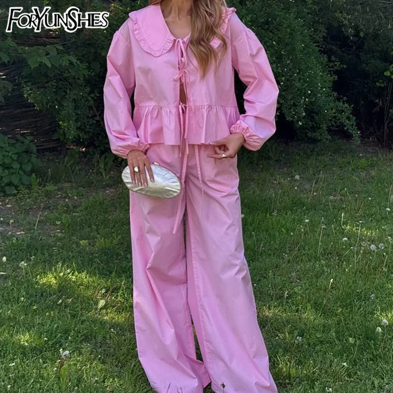 

Комплект из двух предметов, женские розовые брюки, повседневная свободная однотонная рубашка на пуговицах, лето 2025 г., женский повседневный шикарный свободный брючный костюм