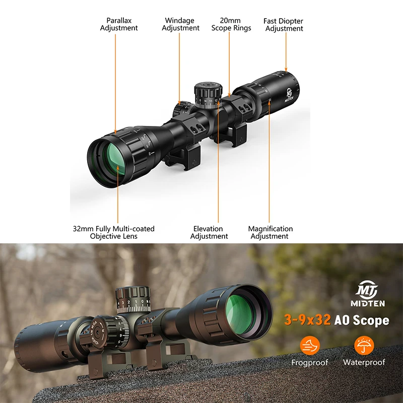 

MidTen 3-9X32 AO Rifle Scope Crosshair Reticle 22 Optics Riflescope for Hunting 1" Tube SFP Sight with 20mm Rings for Picatinny