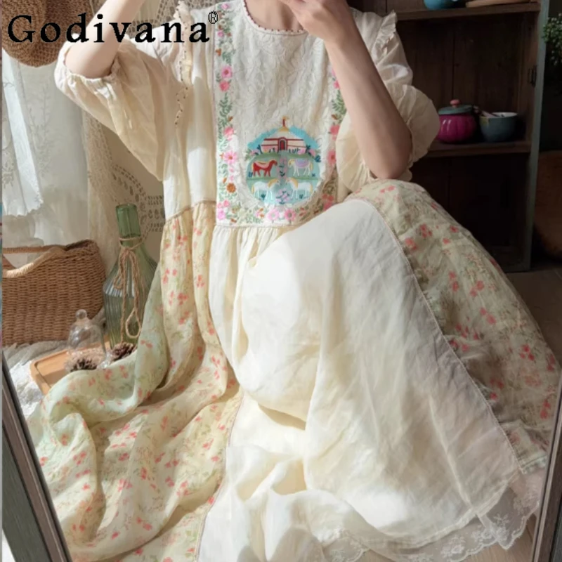 

Women's Spring Summer Sweet Japanese Embroidered Lace Floral Vintage Dress Fashion High Waist Loose Crew Neck Vacation Dresses
