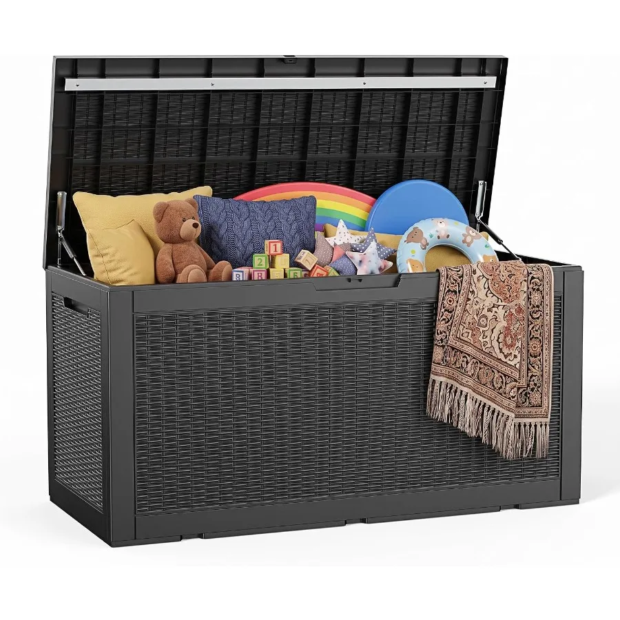 Outdoor deck storage box, 170-gallon capacity, waterproof HDPE plastic, gray, weather-resistant with lockable lid and ventilati