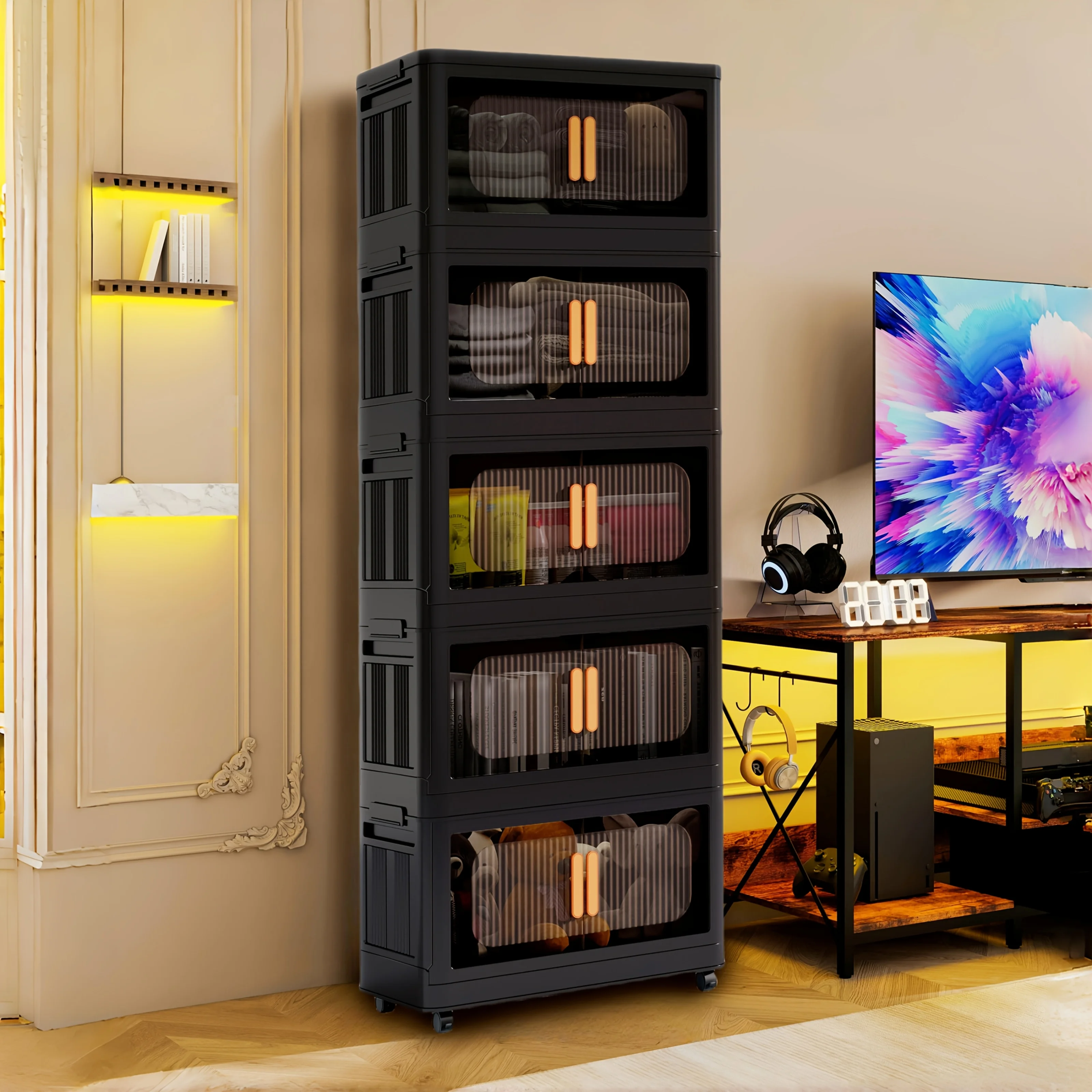 

4/5 Tier Large Double Door Storage Locker & Bin, Collapsible Stackable Sturdy Space-Saving Plastic Organizer with 360° Rotatable
