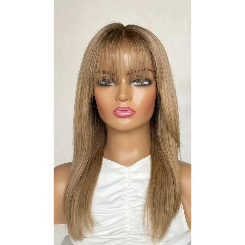 Ombre Honey Blonde Straight Wigs with Bangs Dark Roots Human Hair Lace Front Wig