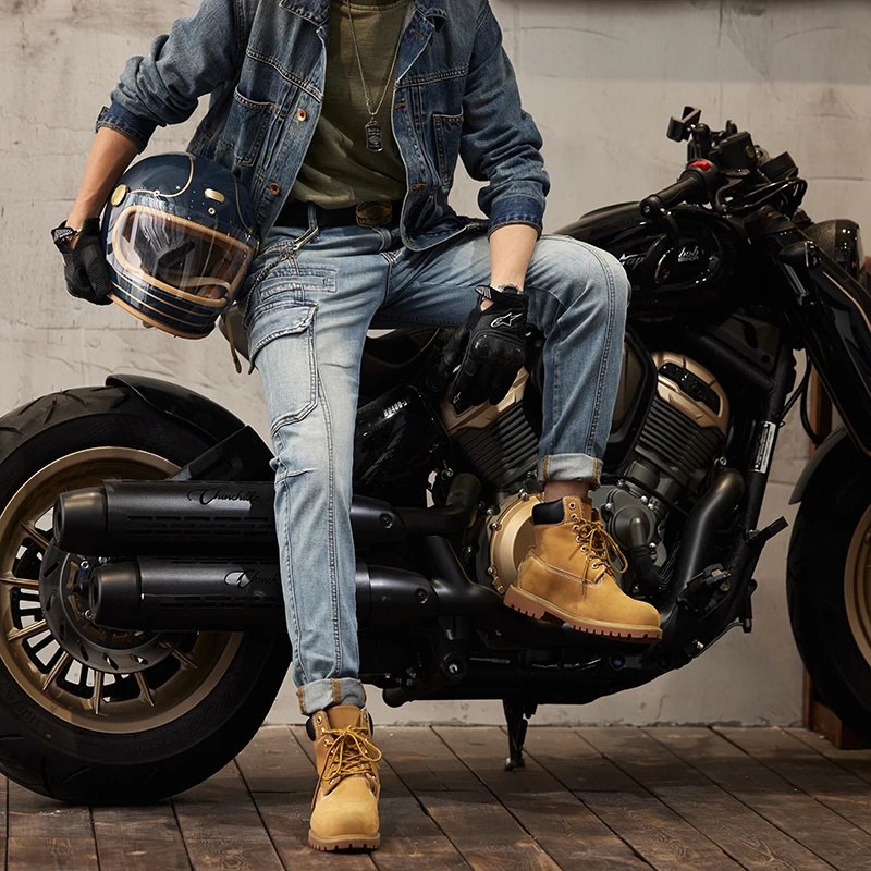 Pantalones vaqueros Retro de moda para hombre, pantalones ajustados de alta gama con costuras de Bolsillo grande, pantalones ajustados para motocicleta, nueva tendencia