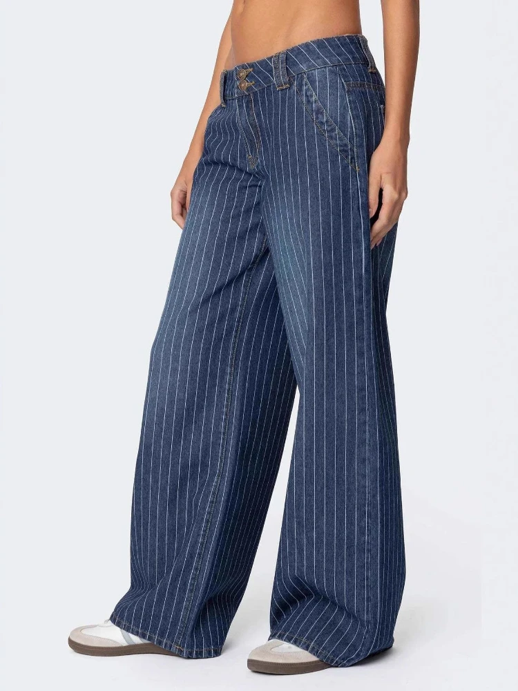 HOUZHOU Blue Striped Women Jeans Office Lady Solid Color American Vintage Straight Denim Pants Baggy High Waist Washed Trousers