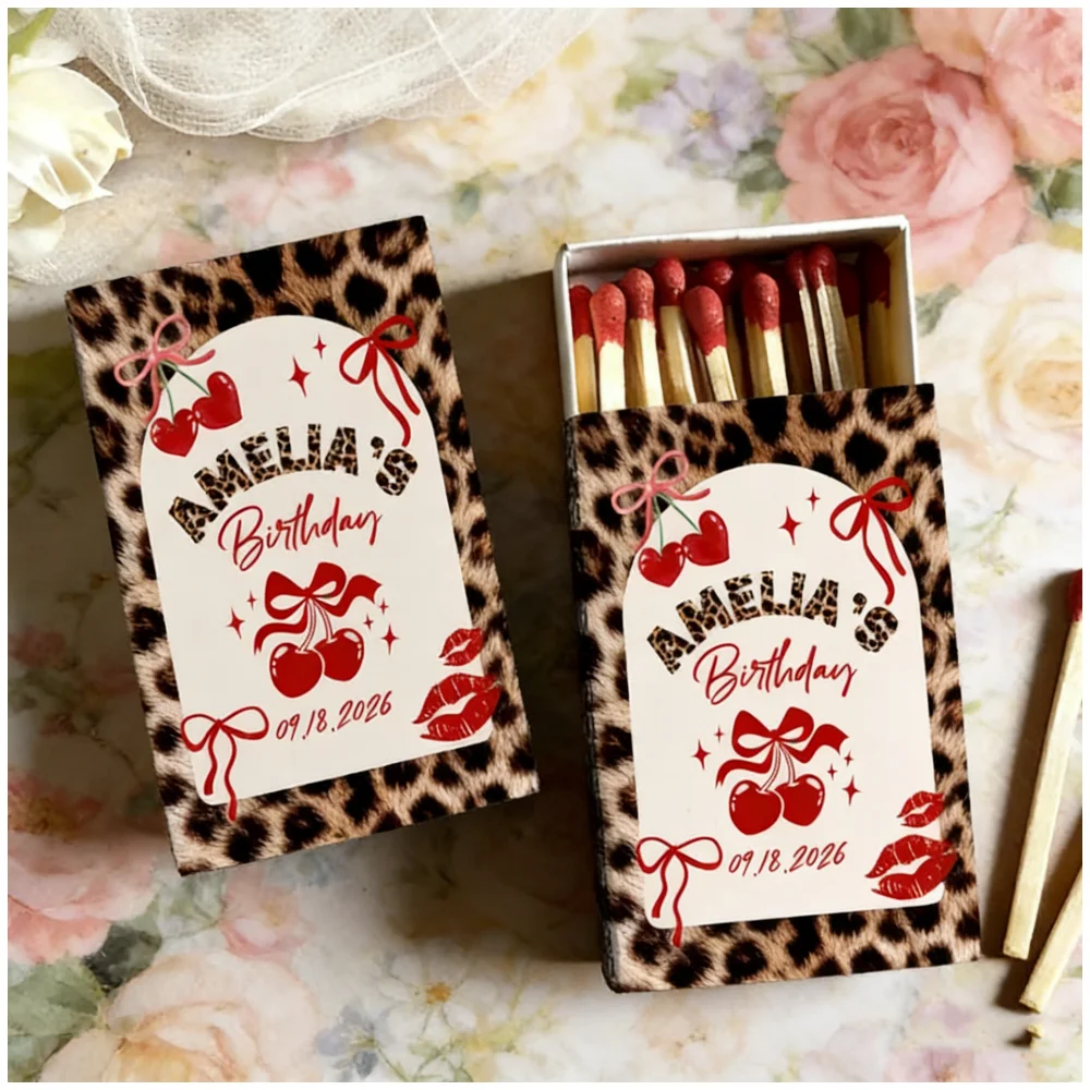 

Персонализированные коробочки для спичек Coquette Cherry, с леопардовым принтом, сувениры для дня рождения, эксклюзивные подарки для неё на празднование.