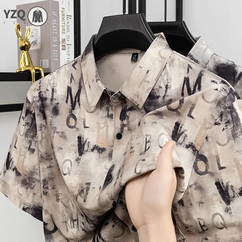 

Mens Abstract Letter Print Short Sleeve Shirt Regular Fit Casual Wear Button Up Lapel Collar Comfortable Fabric For All Seasons