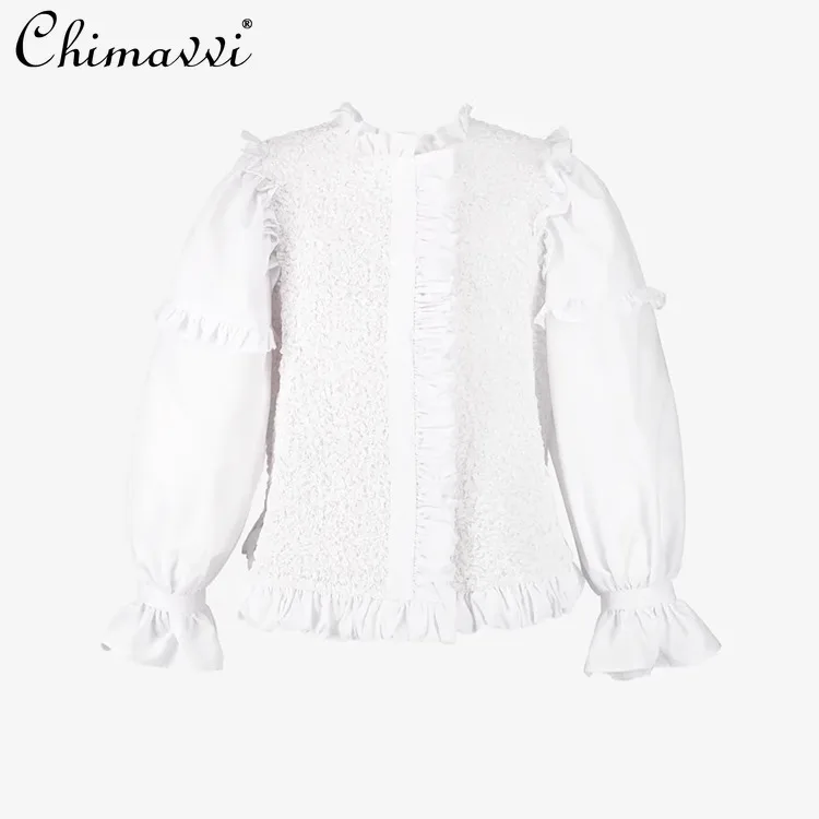 Spring Japanese New Sweet Girls Pleated Lace Long-sleeved Shirt Female Ruffled Elegant White Blouse Shirts Casual Blusas