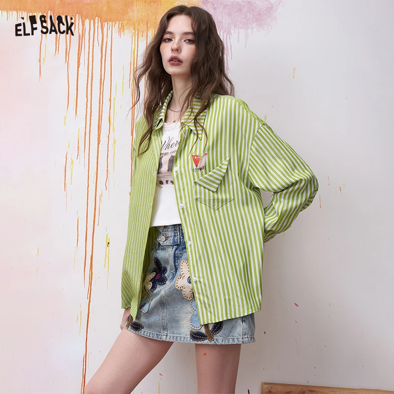 

ELFSACK Women's Green Striped Shirt with Fox Cartoon Embroidery, Vintage Preppy Blouse for Summer, Chic Casual Short Sleeve Top