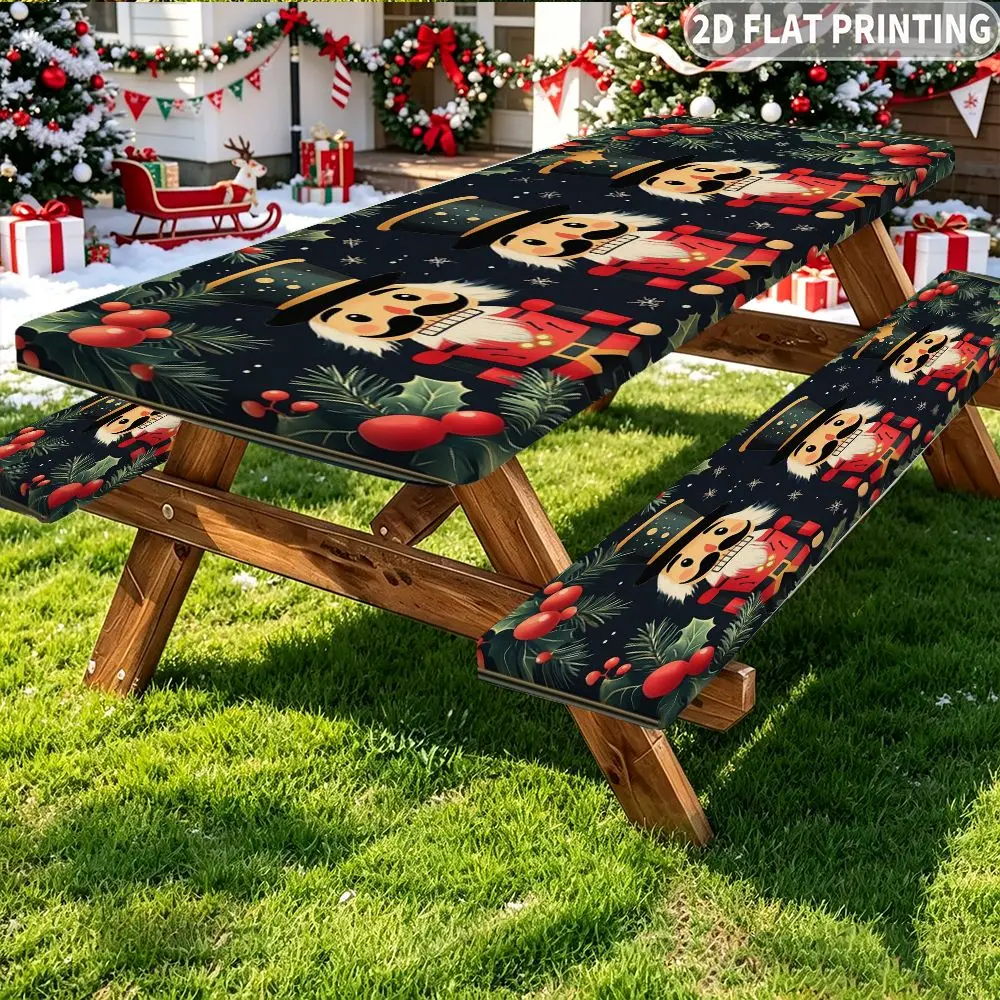 3pcs 2D FLAT Printing 1 Tablecover +2 Bench Covers, Red Berries And Green Leaves, Elastic Band Edge Dining Tablecloth