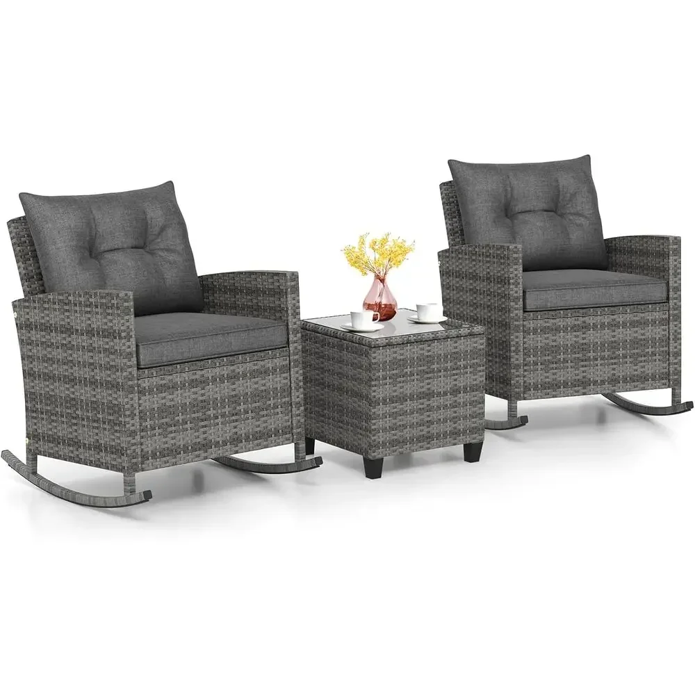 3-Piece Outdoor Wicker Rocking Bistro Set with Glass Table for Patio, Balcony, Deck, or Poolside in Mix Grey