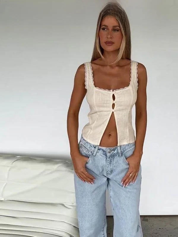 Gilet décontracté en dentelle pour femmes, coupe ample, t-shirt quart Sve, cravate à bandes, détails floraux, été, Faion