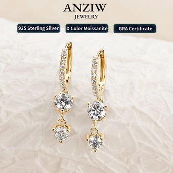 Anziw 4mm 5mm Round Moissanite Long Tassel Earrings 100% 925 Sterling Silver Women Hoop Dangle Earrings Wedding Jewelry Gifts