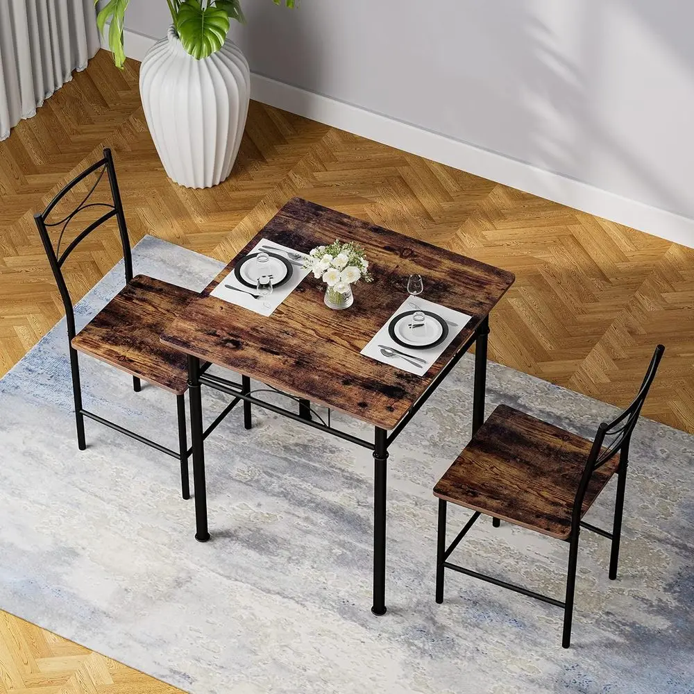 Compact 3-Piece Dining Set: Iron and Wood Square Table with 2 Chairs for Kitchen & Dining Room