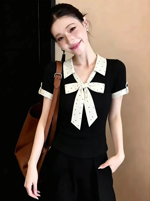 Sweet Girl Polka Dot  Knot Splice T Shirt Women's Summer New Style Atmosphere Youth Collar Long Sleeve Casual Top