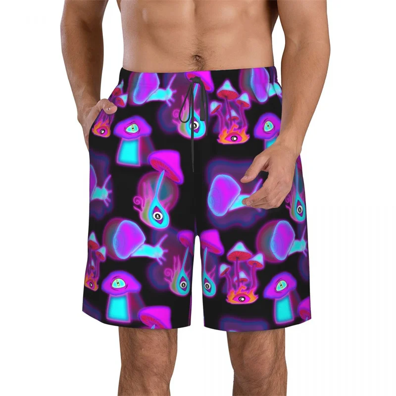 Colorido impressão 3d cogumelo luminescente praia shorts homens verão troncos de natação surf board shorts rua calças curtas de grandes dimensões