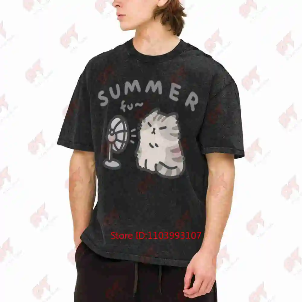 Cat Blow Fan Korean Matching Vintage Washed Tee Pure Cotton T-Shirt