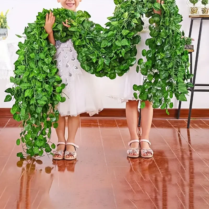 100/2M Artificial Green Ivy Vine Garland Fake Leaf Plants Rattan Hanging Creeper Garlands for Garden Wedding Party Wall Decors - view 5