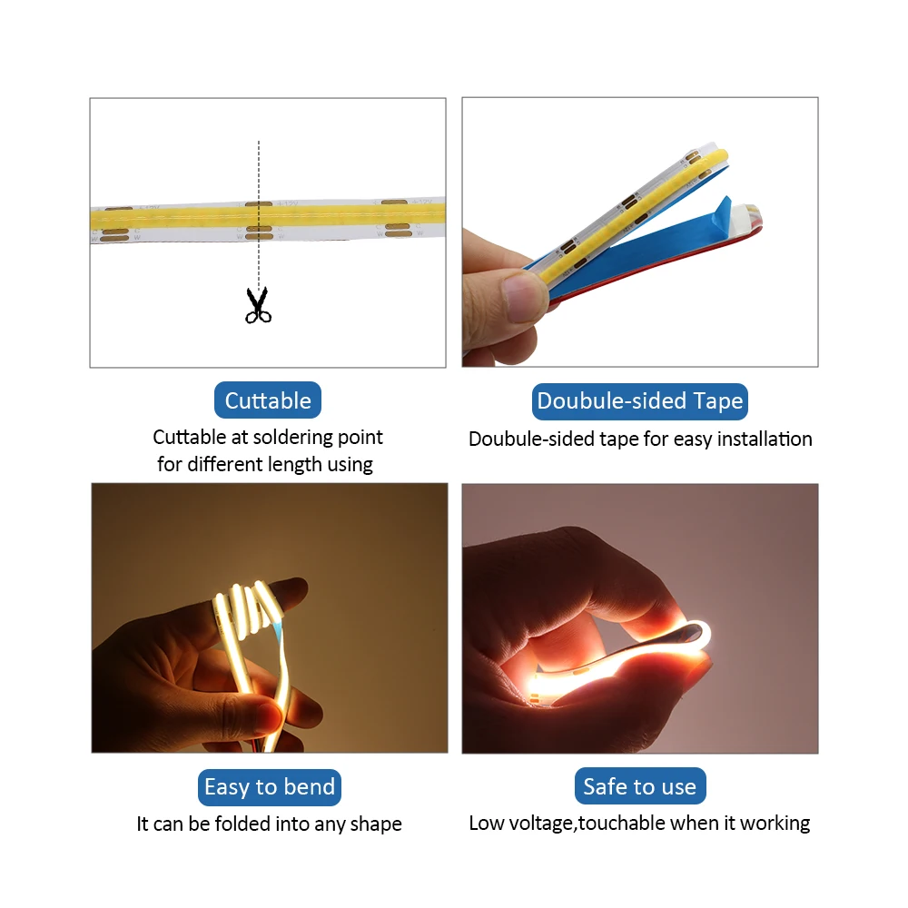 Imagem -04 - Fita Led Dimmable Cct Cob Lâmpada de Fita Alta Densidade Fita Branca Dupla Iluminação Home Decor 608 Diodos 12v 24v 27006500k 5m