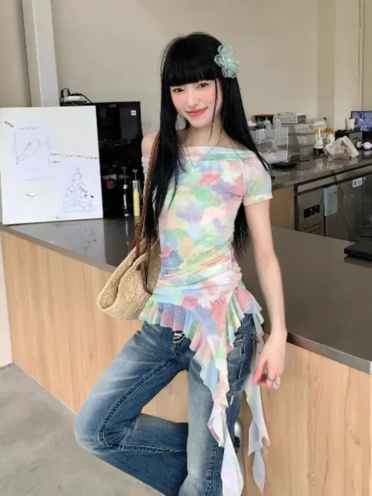 Tie Dye Print Ruffle Slash Neck T Shirts Women Summer New Niche Off Shoulder Slim Mesh Tees Sexy Y2k Short Sleeve Tops