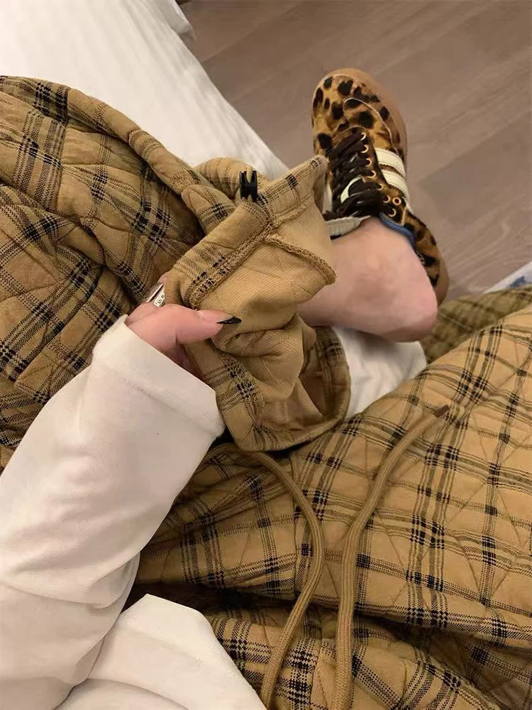 Vintage Plaid Wide Leg Pants Women Y2K Winter Thick Loose Drawstring Argyle Jogging Korean High Waist Streetwear Casual Trousers