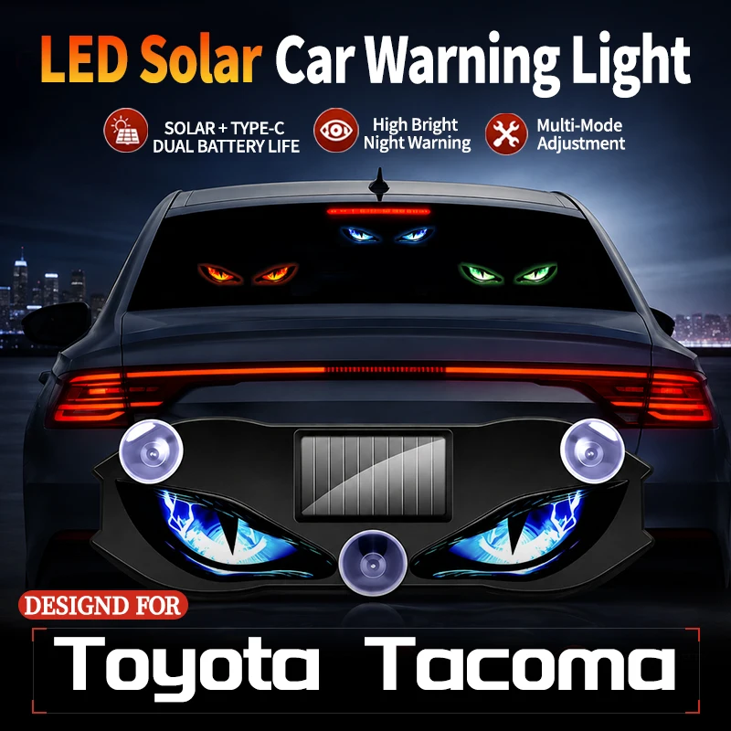 Fits For Toyota Tacoma Car LED Solar Devil Eye Warning Flash Light Triangle Dynamic Wireless Window Strobe Decorative Light