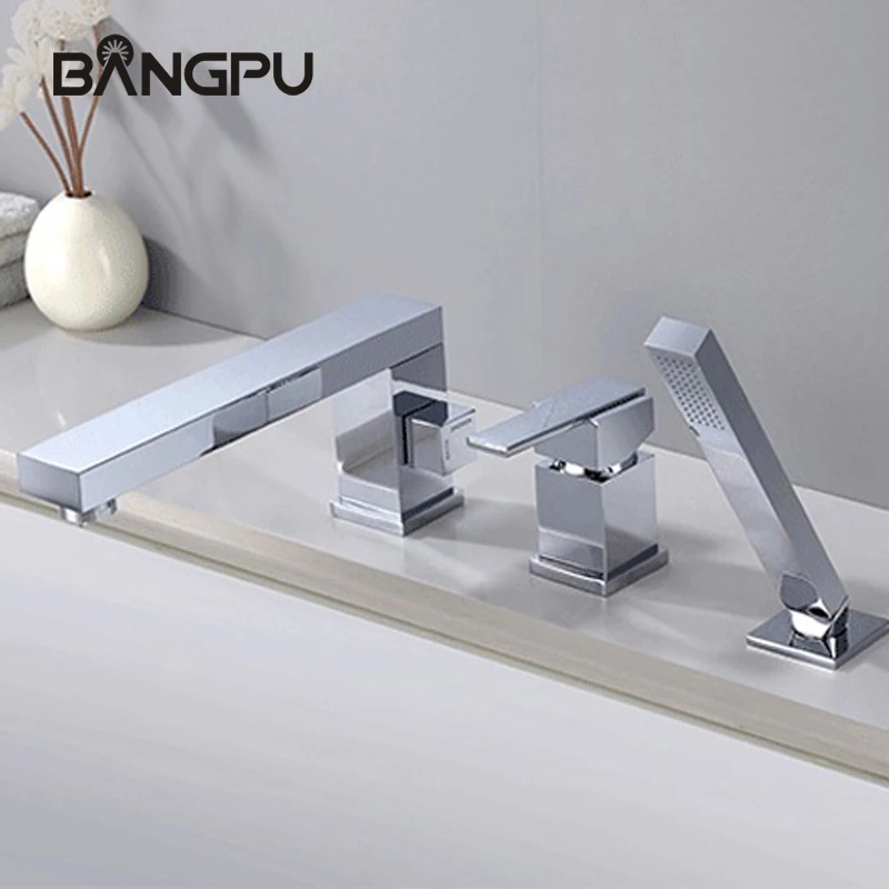 

3 Hole Bathtub Faucet Set with Hand Shower Deck Mounted Roman Bath Tub Faucet Bathroom Tub Faucets with Handheld Shower Chrome