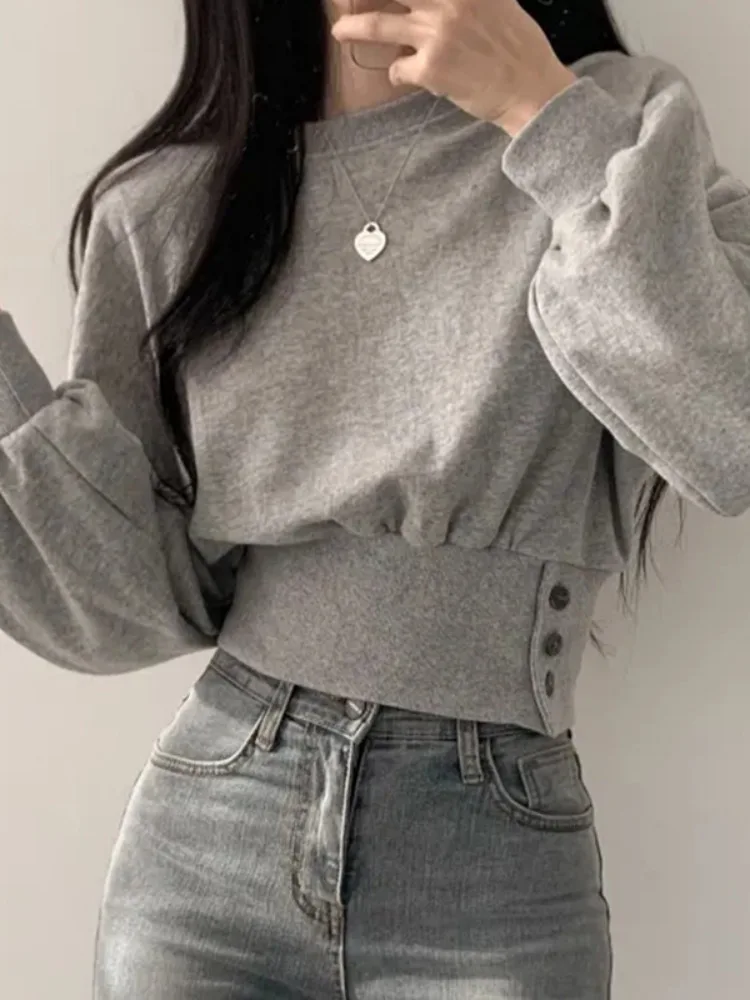 Korean Autumn Chic Solid Hoodies Women Casual O-neck Long Sleeve Y2k All Match Tops New Slim Fit Button Simple 2024 Ropa Mujer