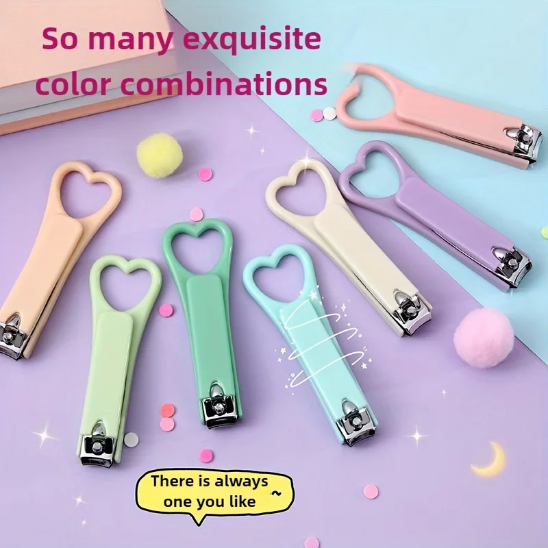 7pcs Colorful Candy Heart Nail Clippers Assorted Pastel Colors Pink Yellow Green Blue Purple Portable Clip-On Nail Care Tool