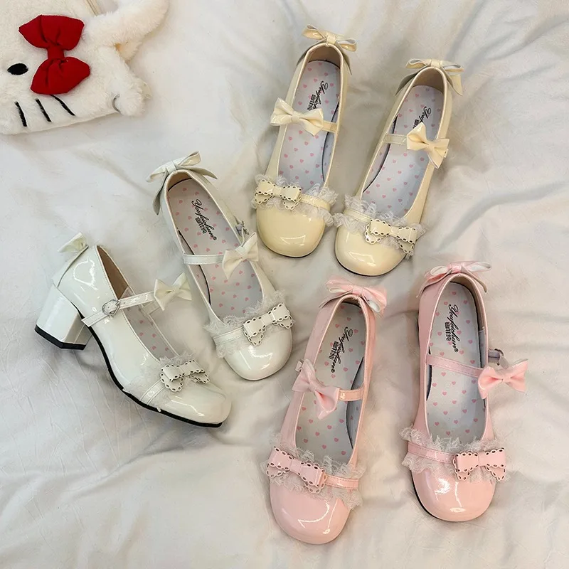 2026 New Ruffled Lace Trim Design Women High Heel Lolita Shoes Fashion Bow Decor Solid Round Toe Comfort Casual Single Shoes