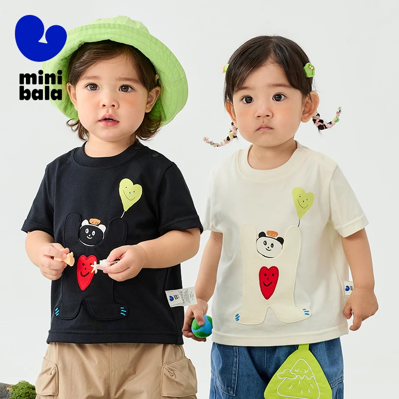 Mini Bala Boys And Girls Kids Short Sleeve T-Shirt 2025 New Spring White Black Baby Pure Cotton Top for Daily Life Casual