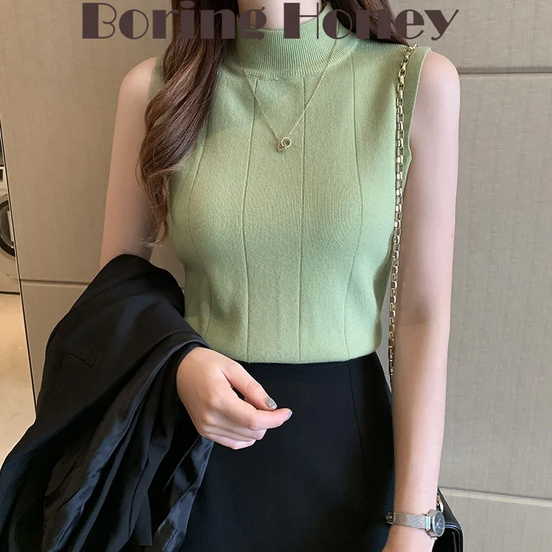 Boring Honey Summer Clothes For Women Crop Top Knitted Base Shirt Half Collar Camis Tops Women Sleeveless Short Women's T-Shirt