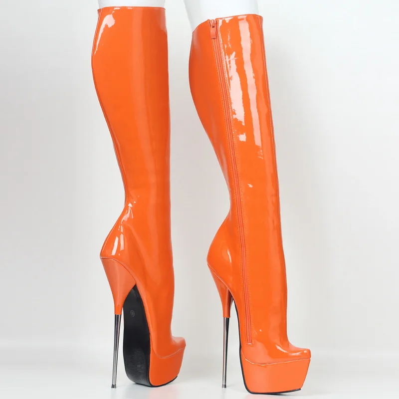 CACA 21cm Extremely High Metal Heel Women Knee Boots,Men Platforms Dance Shoes,Fetish Booties,Gothic Botas,Thick Botom,Orange