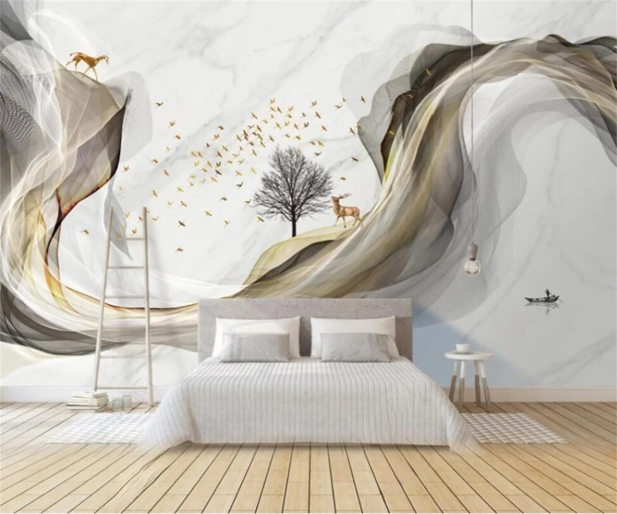 

Customized murals of any size New Chinese modern abstract lines Ink landscape Elk bedroom background wall 3d wallpaper