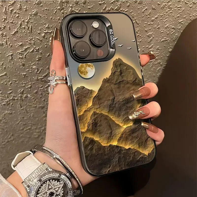 Lucky Golden Mountain Electroplate Silver IMD Case for IPhone 16 15 14 13 12 11 Pro Max XS XR X SE 2 3 7 8 Plus Matte Hard Cover